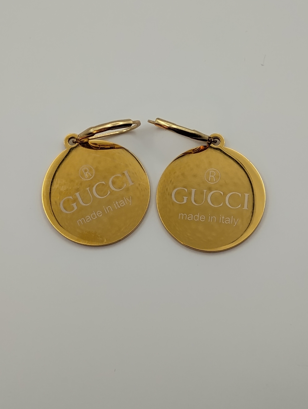 Gucci Gold Round White Logo Drop Earrings AUTHENTIC - Picture 2 of 6